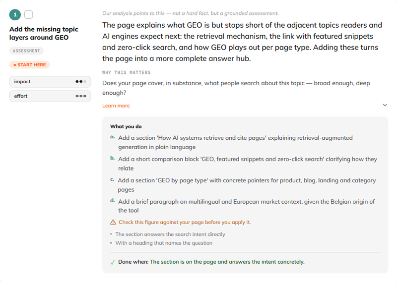 Excerpt from a real Answera report: a prioritised action list item with its done-when endpoint.